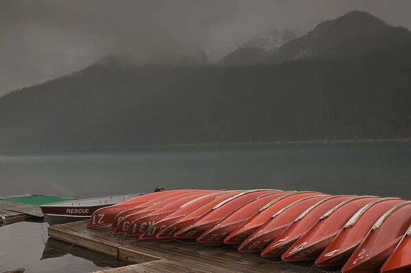 02. Canada, Alberta, Banff National Park: Lake Louise, Red Canoes & Lake  /  Early Winter