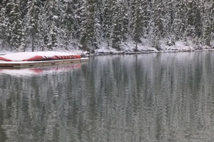 Framed Print : 02. Canada, Alberta, Banff National Park: Lake Louise, Red Canoes Under Snow
