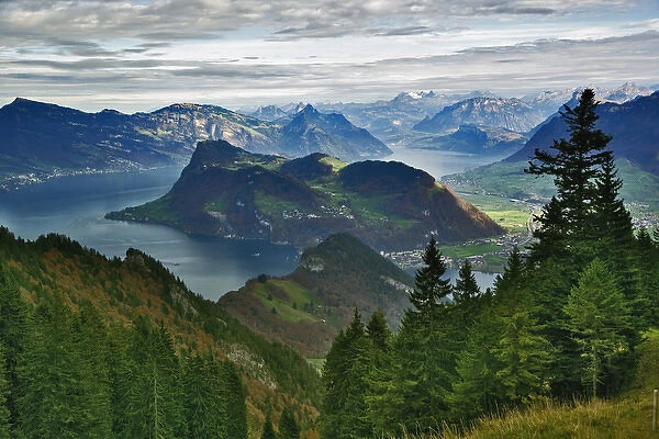 Lake Lucerne surrounded by the Alps and rural countryside viewed from worlds steepest