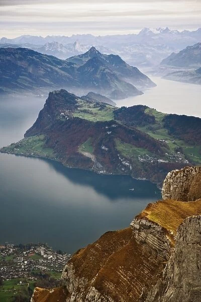 Lake Lucerne surrounded by the Alps and rural countryside viewed from atop Pilatus Mountain