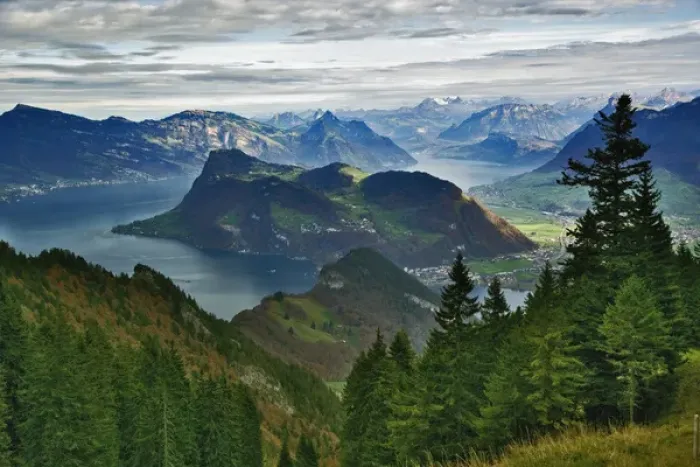 Framed Print : Lake Lucerne surrounded by the Alps and rural countryside viewed from worlds steepest Framed Print : Lake Lucerne surrounded by the Alps and rural countryside viewed from worlds steepest
