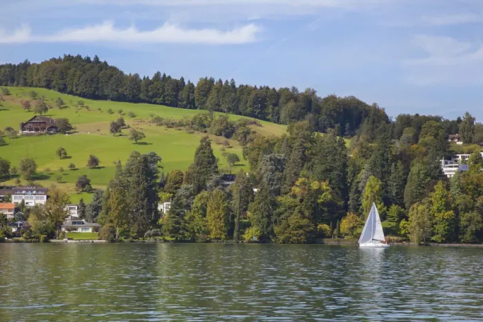 Framed Print : Lake Lucerne, Switzerland. Sailboat sailing on lake