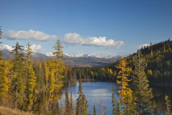 Framed Print : Lake Marshall in autumn in the Mission Mountains with the snow capped Swan Range