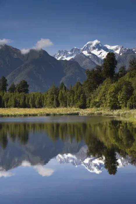 Framed Print : Lake Matheson, New Zealand. Lake Matheson. Non-existant early morning winds help