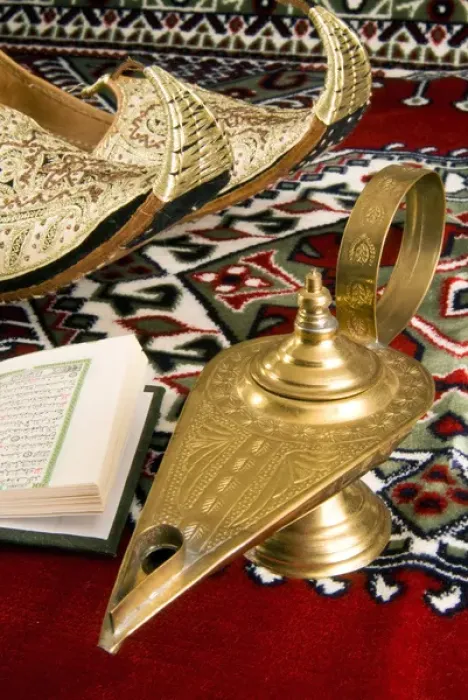 Framed Print : Lamp of Alladin, arabic shoes, holy quran on a carpet