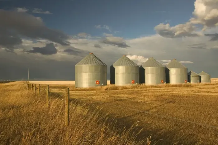 Framed Print : 02. Canada, Alberta, Stand Off: Landscape with Dramatic Sky Grain Silos