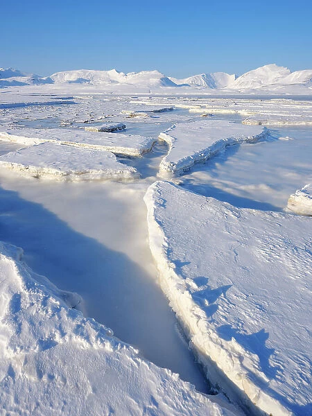 Landscape at frozen Gronfjorden, Island of Spitsbergen. Arctic region, Scandinavia, Norway, Svalbard