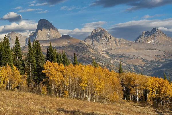 Landscape of Mt. Owen, Grand Teton and Middle Teton from the west, golden fall foliage