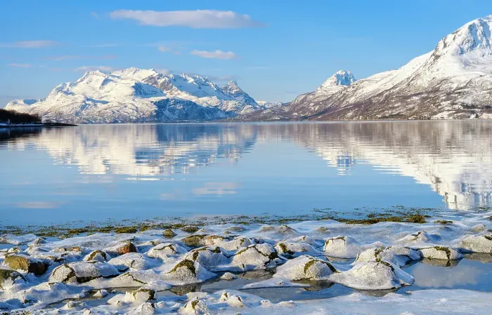Framed Print : Landscape at Salangen Fjord near Loksebotn in northern Norway during winter, in the background the island Andorja Framed Print : Landscape at Salangen Fjord near Loksebotn in northern Norway during winter, in the background the island Andorja
