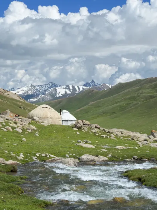Framed Print : Landscape with Yurt at the Otmok mountain pass in the Tien Shan or heavenly mountains