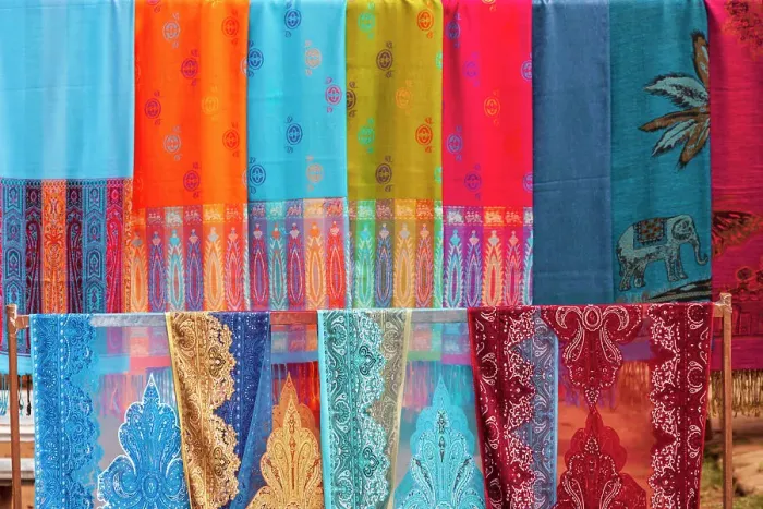Framed Print : Laos, Luang Prabang. Colorful textiles, possibly scarves, for sale Framed Print : Laos, Luang Prabang. Colorful textiles, possibly scarves, for sale