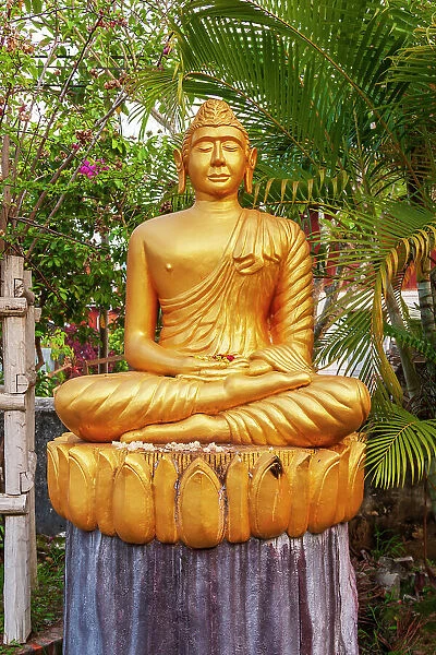 Laos, Luang Prabang. Golden Buddha statue with elongated earlobes