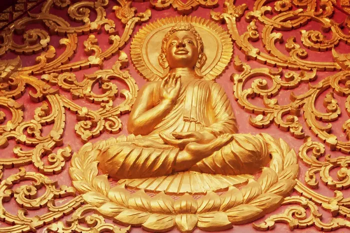 Framed Print : Laos, Luang Prabang. Golden relief carving of Buddha Framed Print : Laos, Luang Prabang. Golden relief carving of Buddha