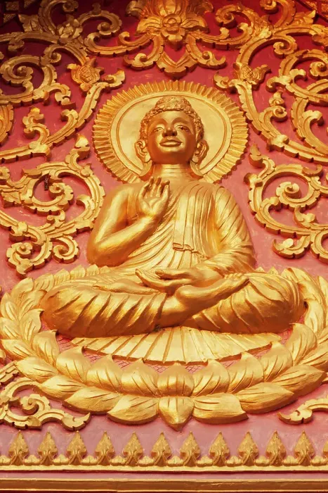 Framed Print : Laos, Luang Prabang. Golden relief carving of Buddha Framed Print : Laos, Luang Prabang. Golden relief carving of Buddha