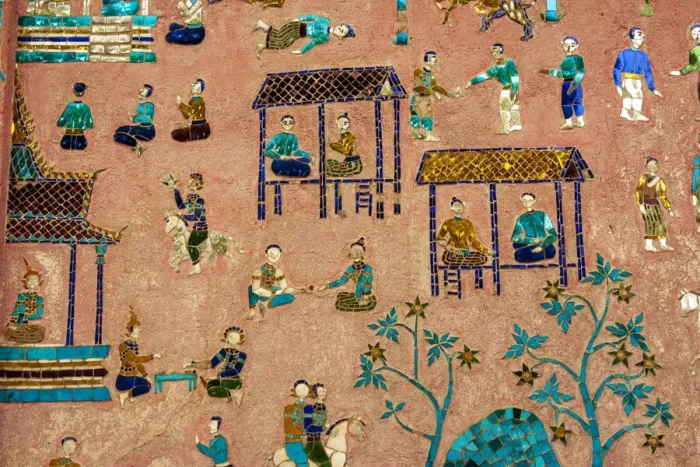 Framed Print : Laos, Luang Prabang. Detail of mosaic decorations depicting people on the side of a