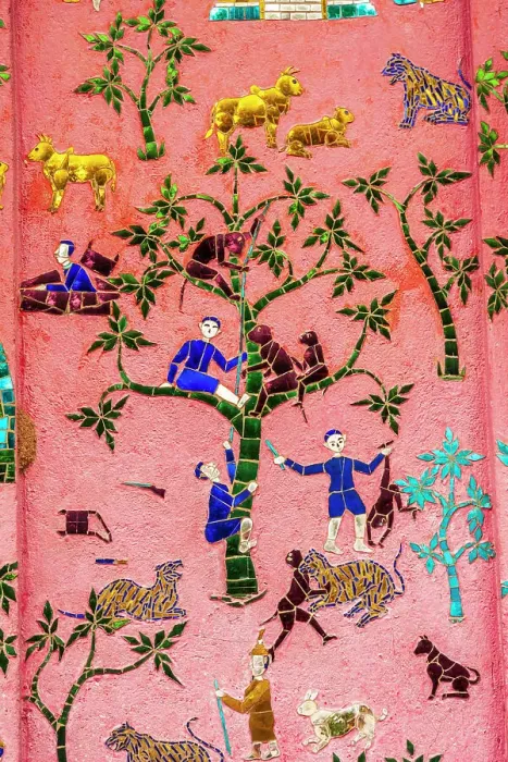 Framed Print : Laos, Luang Prabang. Mosaic mural depicting people and animals