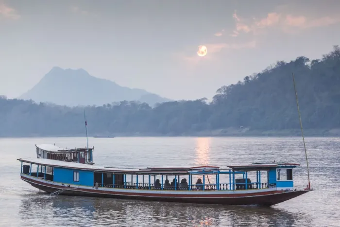 Framed Print : Laos, Luang Prabang. Riverboats on the Mekong River