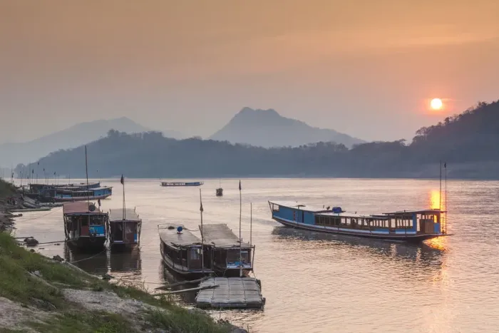 Framed Print : Laos, Luang Prabang. Riverboats on the Mekong River Framed Print : Laos, Luang Prabang. Riverboats on the Mekong River