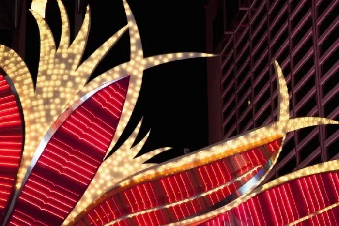Framed Print : Las Vegas, NV, USA - Low angle, cropped view of an animated sign in Vegas