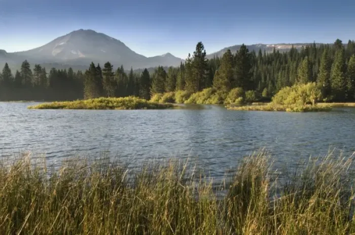 Framed Print : Lassen Peak at sunrise viewed across Manzanita Lake, Lassen Volcanic National Park