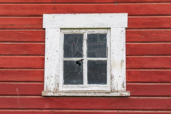 Latah, Washington State, USA. White framed window in a red barn
