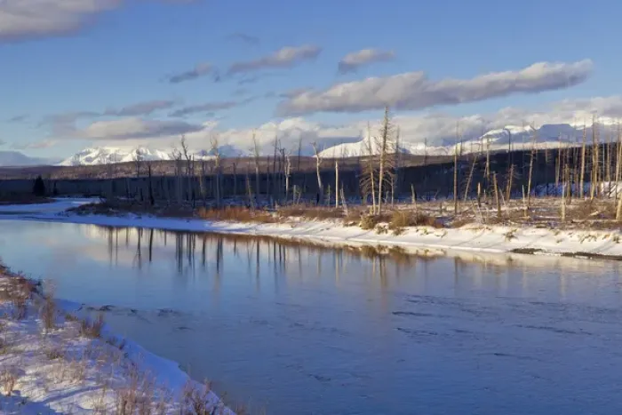 Framed Print : Late light on the North Fork of the Flathead River in winter in Glacier National Park