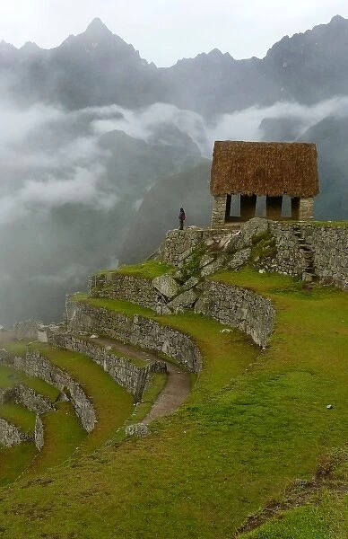 Latin America, Peru, Machu Picchu. The Gatehouse overlooking the citadel