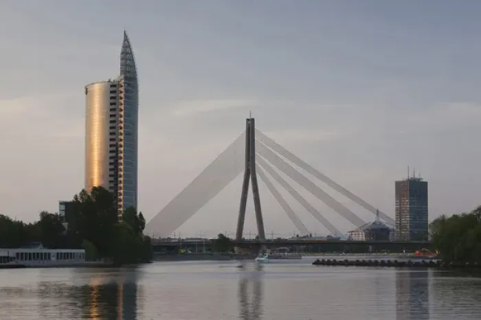 Framed Print : Latvia, Riga, Vansu Bridge, Swedbank building, and Daugava River, dusk Framed Print : Latvia, Riga, Vansu Bridge, Swedbank building, and Daugava River, dusk