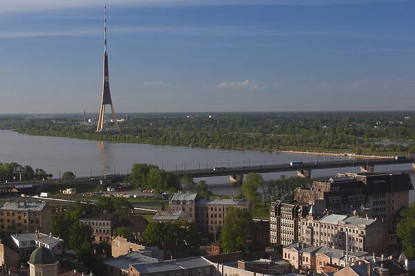 Latvia, Riga, Vecriga, Old Riga, elevated view of Daugava River and TV Tower