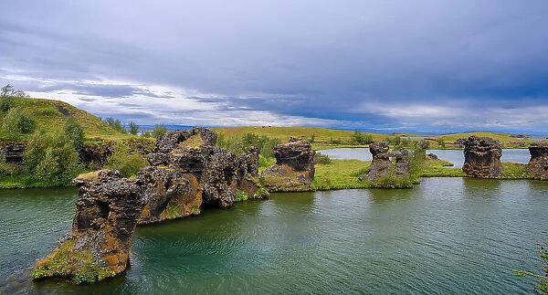 Lava chimneys, rock formations created during the cooling of a lava flow, Hofdi Nature Reserve. Europe, Iceland
