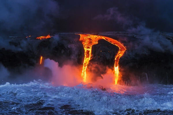 Lava flow entering the ocean at dawn, Hawaii Volcanoes National Park, The Big Island