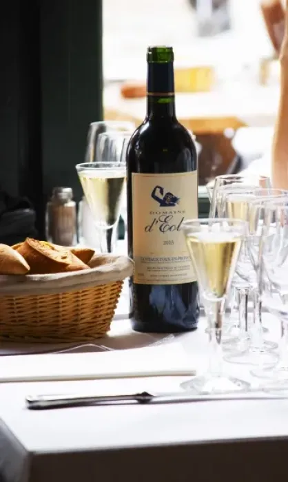 Framed Print : Le Bistrot des Alpilles restaurant, a bottle of Domaine d Eol on the table. Saint Framed Print : Le Bistrot des Alpilles restaurant, a bottle of Domaine d Eol on the table. Saint