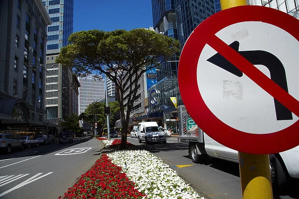 No left turn sign, Flowers and office buildings, Lambton Quay, Wellington, North Island
