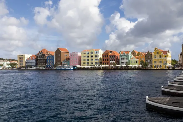 Framed Print : Lesser Antilles, Curacao, Willemstad. Colorful shopping district along the water