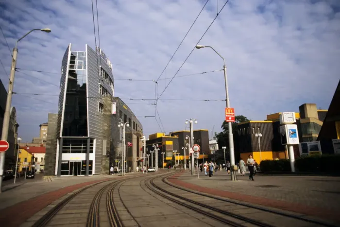 Framed Print : Liberec, Czech Republic. Modern town street with tram lines, McDonalds advertisement Framed Print : Liberec, Czech Republic. Modern town street with tram lines, McDonalds advertisement