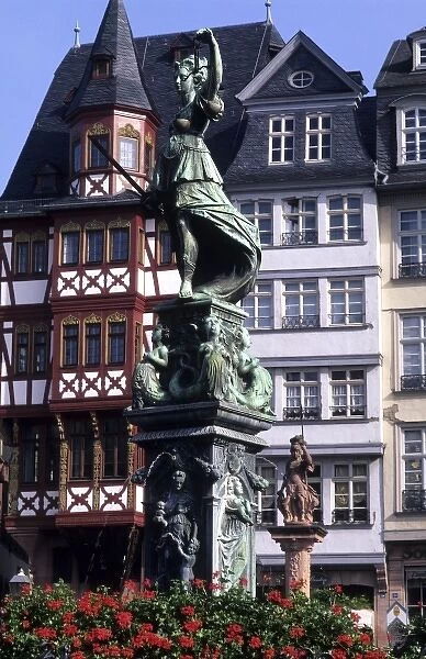 Life in Germany in Frankfurt the famous Romerberg Square statue of justice in old