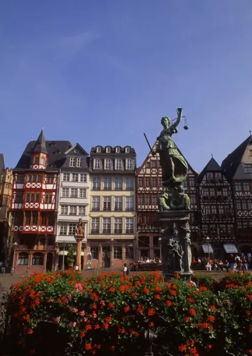 Framed Print : Life in Germany: Romerberg Square. Statue of Justice. Frankfurt