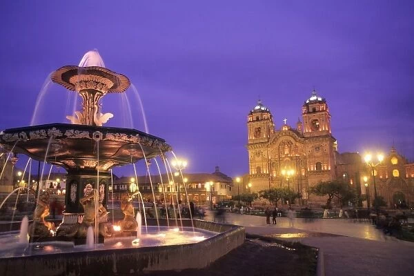 Life in Peru Cuzco beautiful night photo statues & fountain Town Square and Cathedral