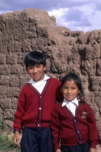 Life in Peru Cuzco close-up of school children in colorful uniforms in high elevation