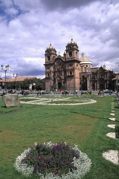Life in Peru Cuzco garden and flowers of famous Cathedral in Town Square