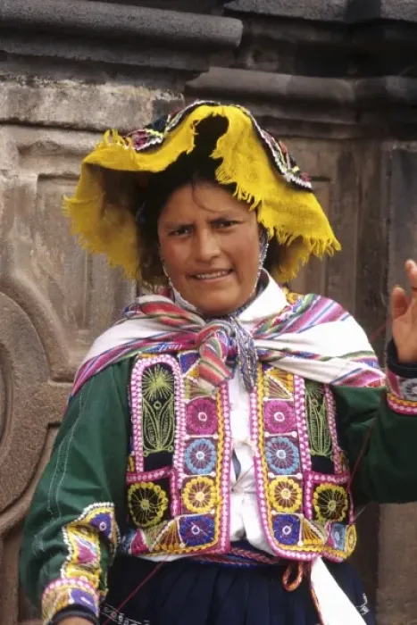 Framed Print : Life in Peru Cuzco in the mountains with native woman and her colorful dress high elevation