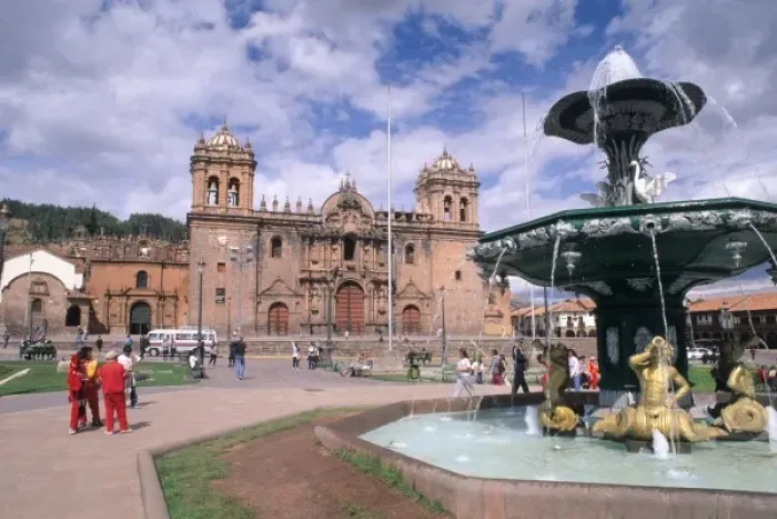 Framed Print : Life in Peru Cuzco in the mountains statues & fountain in Town Square and Cathedral