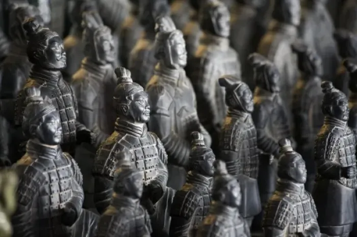 Framed Print : Life-size Imperial terra cotta warriors in battle formation stretch over the length