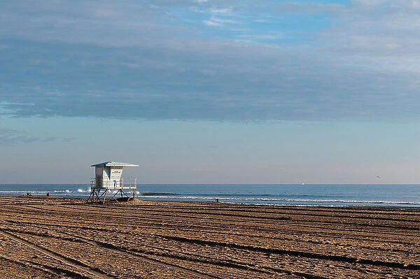 A Lifeguard shack on almost deserted Huntington Beach, on the Pacific Ocean, California