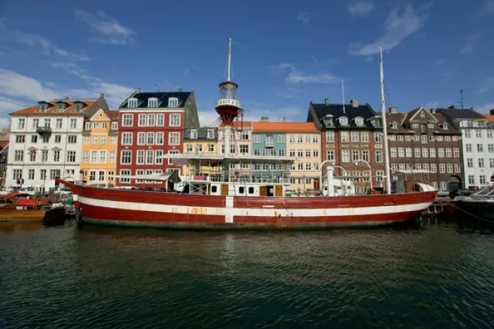 Framed Print : Former lighthouse ship converted to restaurant, Nyhavn, Copenhagen, Denmark