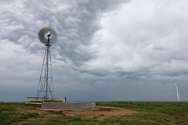 lightning storm and windmill in the Pawnee National Grasslands, eastern Colorado, USA