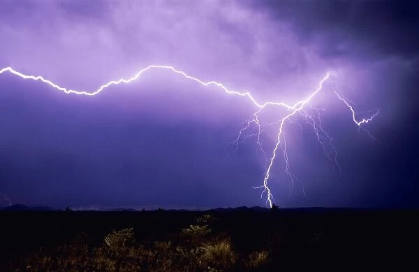 Lightning strike over desert, Big Bend National Park, Texas, USA