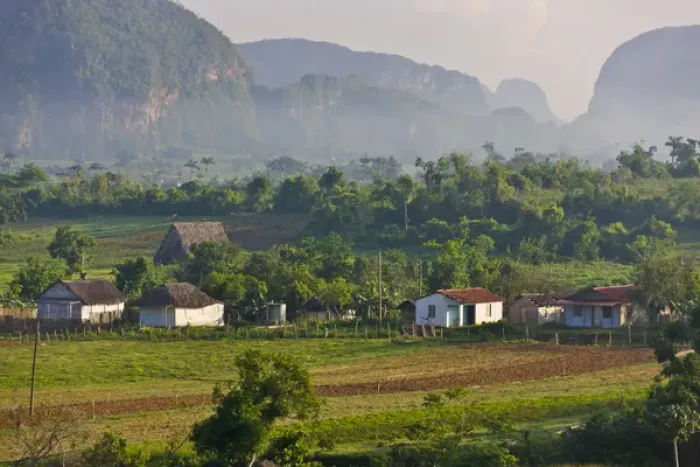 Framed Print : Limestone hill, farming land and village house, Vinales Valley, UNESCO World Heritage site