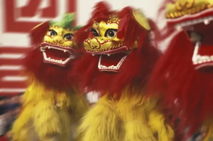Framed Print : Lion Dance performance celebrating Chinese New Year, China