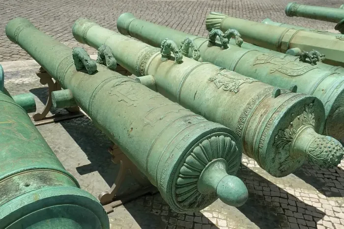 Framed Print : Lisbon, Portugal. Old canons line the courtyard in a former military headquarter Framed Print : Lisbon, Portugal. Old canons line the courtyard in a former military headquarter